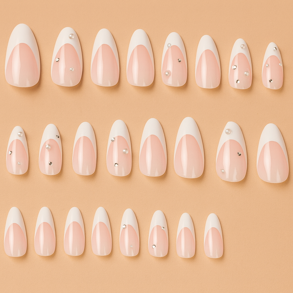 24PCS Short French Tip Nails – White & Rhinestones