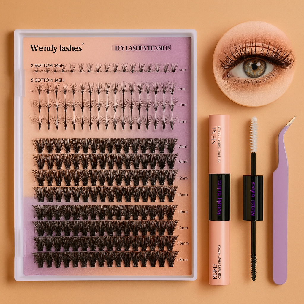 At-Home Lash Extension Kit – 7D Spike Fans, Bottom Clusters 40D/50D, Bond & Seal & Tweezers (12–18mm)